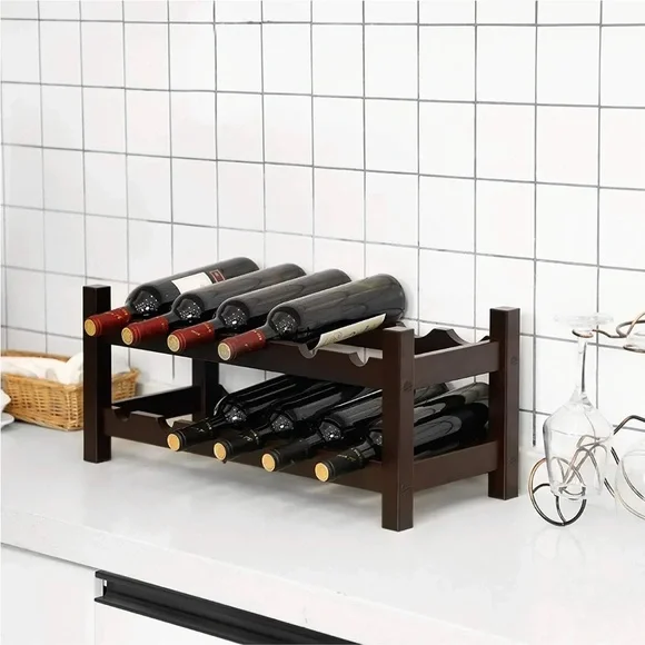 VASAGLE 12-Wooden Wine Rack, 2-Tier Tabletop Bottles Storage Shelf, Espresso